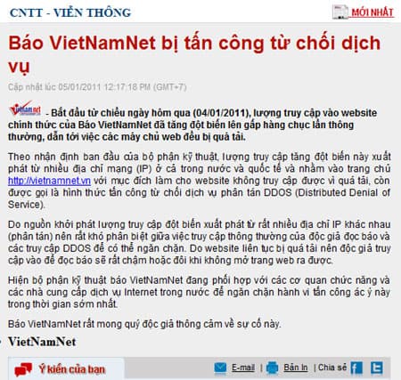 Báo điện tử Vietnamnet tiếp tục bị tin tặc tấn công