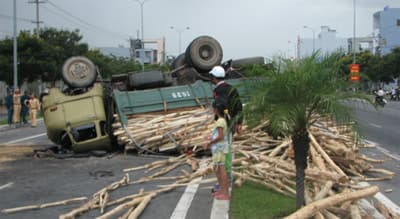 Xe chở gỗ keo bị lật ngửa