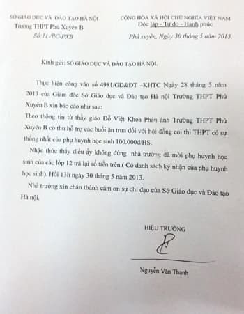 Trường THPT Phú Xuyên B phải trả lại tiền học thêm sai quy định
