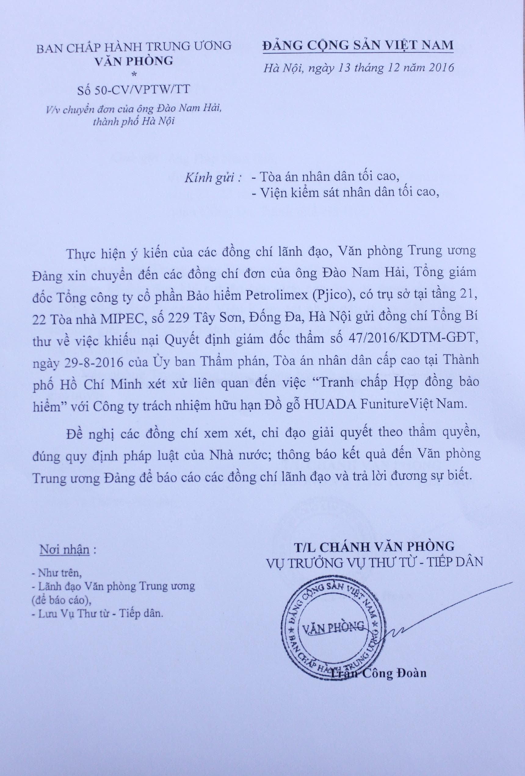 Văn phòng Trung ương Đảng đề nghị giải quyết đúng pháp luật
