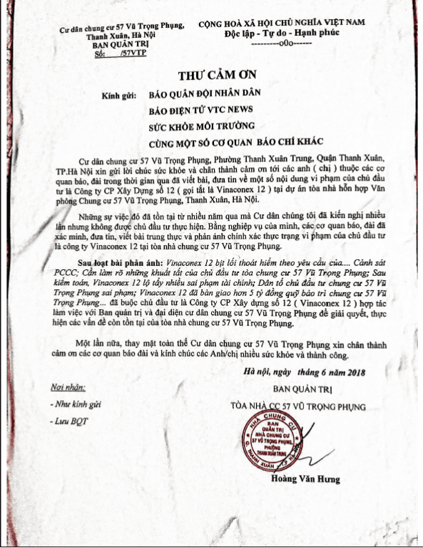 Cư dân chung cư 57 Vũ Trọng Phụng cảm ơn Báo Quân đội nhân dân