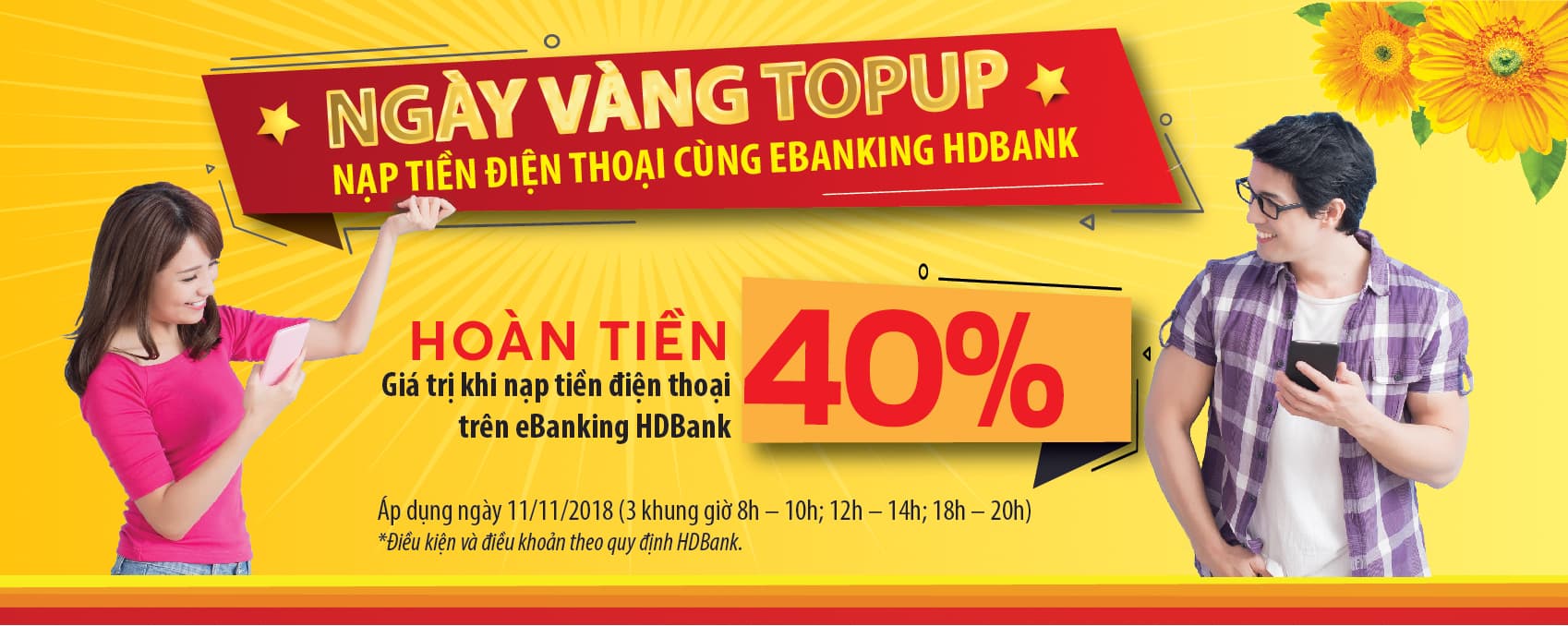 HDBank eBanking hoàn tiền đến 40% giá trị thẻ nạp điện thoại vào ngày 11-11