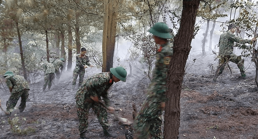 Bộ đội giúp dân chữa cháy rừng ở Bắc Giang