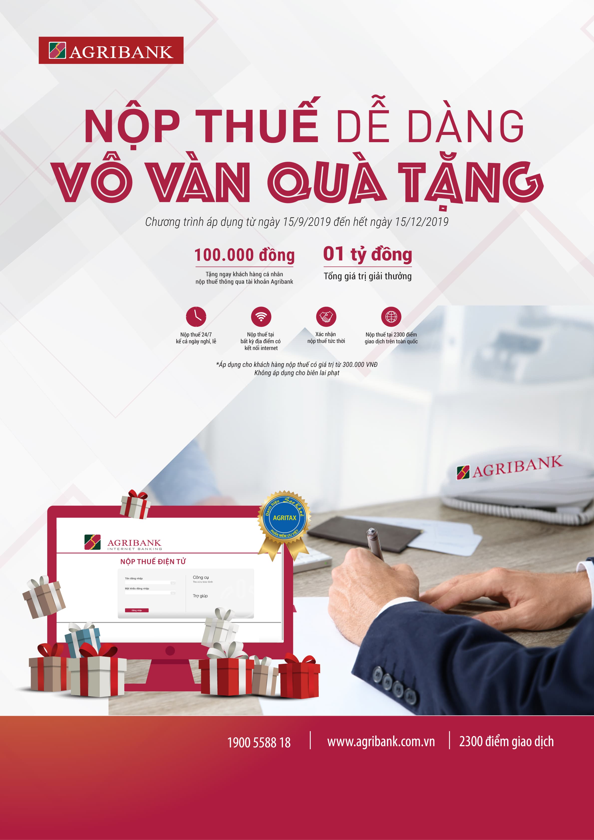 Tặng 100.000 đồng cho mỗi khách hàng thực hiện nộp thuế qua Agribank