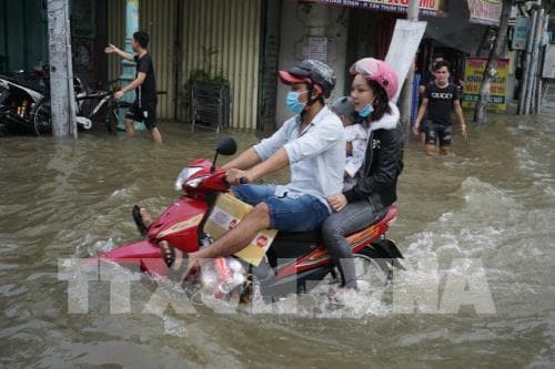 Triều cường lên cao, nhiều tuyến đường ở thành phố Long Xuyên, An Giang ngập sâu