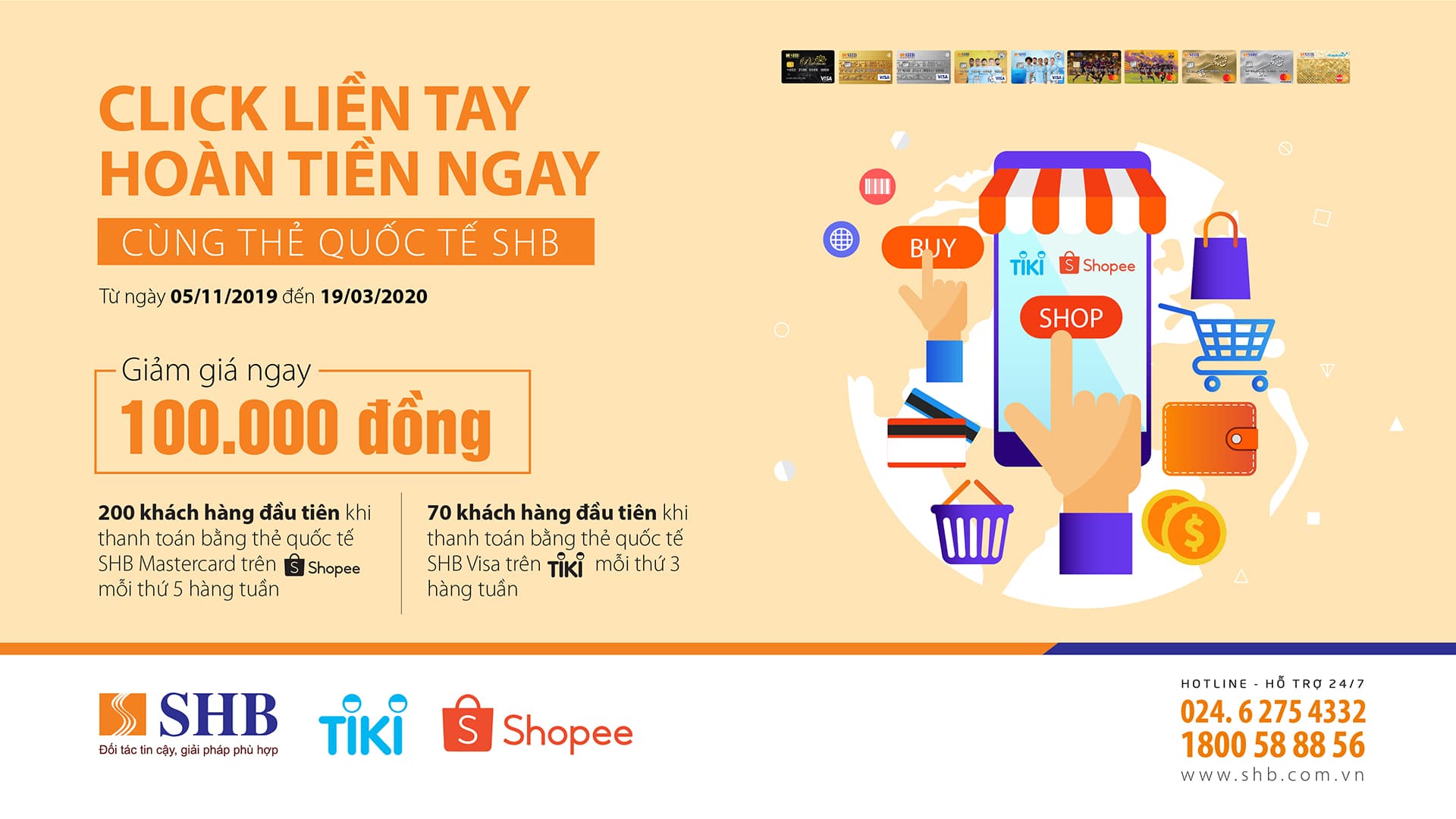 SHB dành hàng nghìn ưu đãi cho chủ thẻ quốc tế SHB khi mua sắm trên Shopee và Tiki