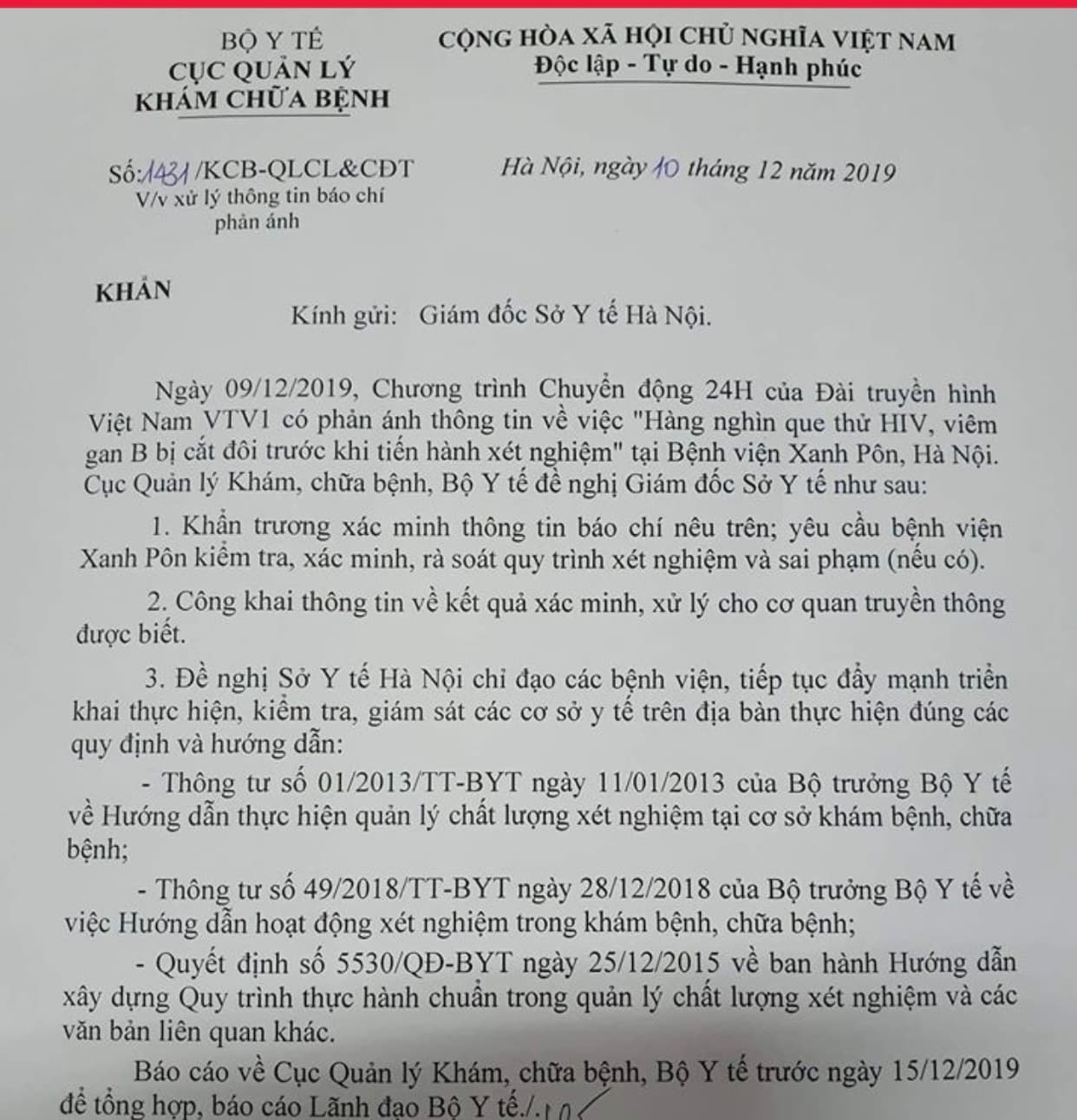 Bộ Y tế yêu cầu xác minh thông tin “bẻ đôi que thử HIV" tại Bệnh viện Xanh Pôn