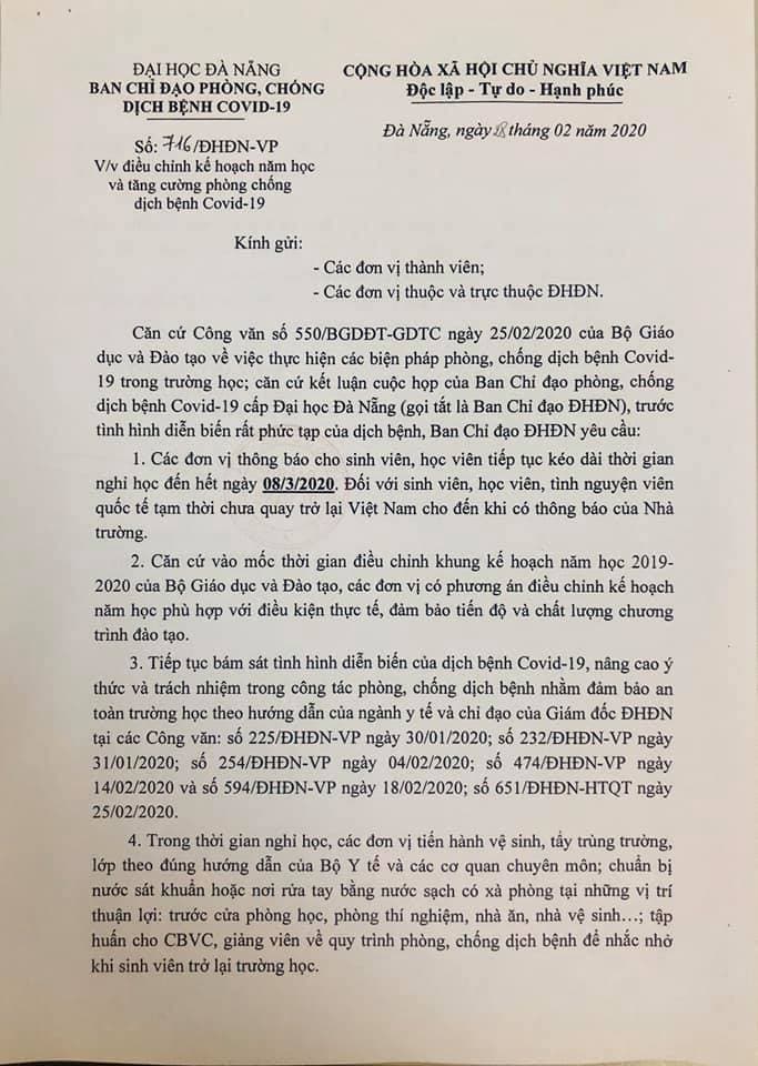 Đại học Đà Nẵng tiếp tục cho sinh viên nghỉ học đến hết ngày 8-3 để tránh Covid-19