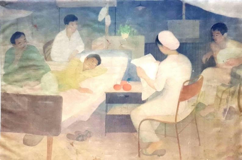 Bức tranh khắc họa khung cảnh bên trong một lán cứu thương thời chiến