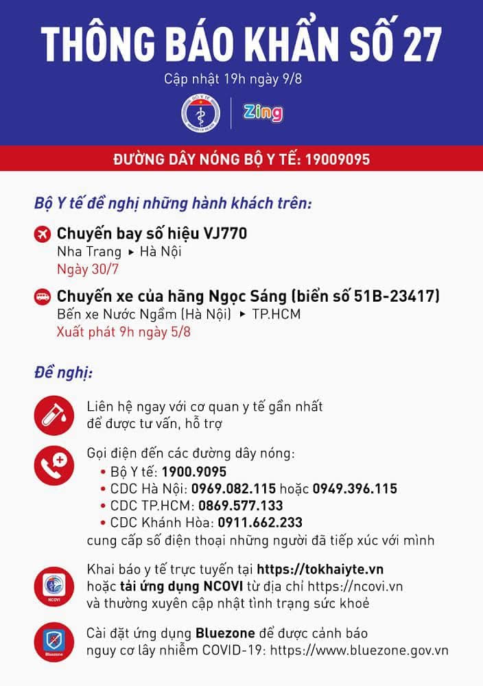 Bộ Y tế tìm hành khách trên chuyến bay, xe khách có bệnh nhân Covid-19