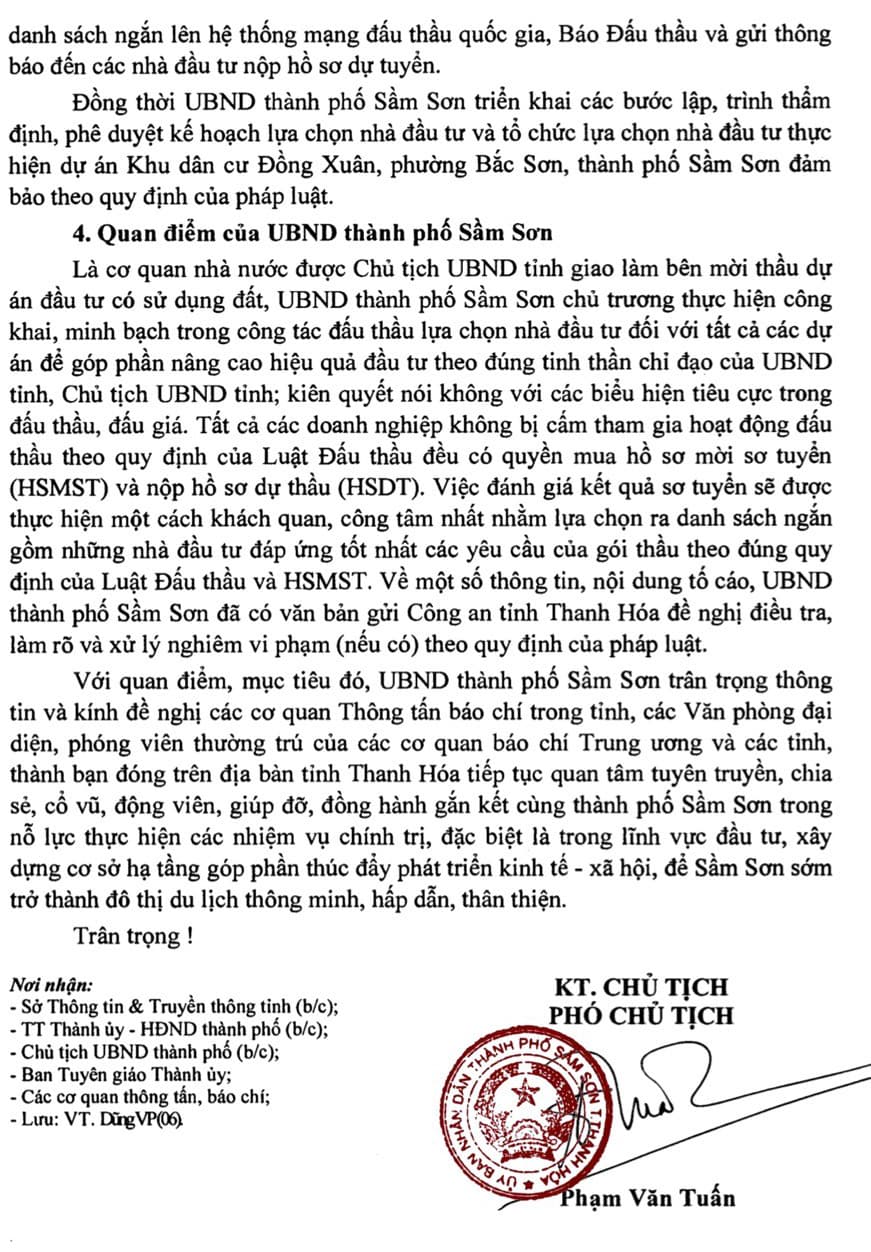 UBND thành phố Sầm Sơn (Thanh Hóa) thông tin về dự án khu dân cư Đồng Xuân