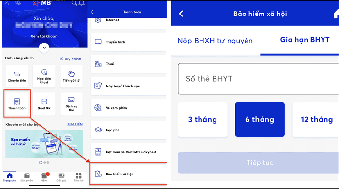Hướng dẫn đóng tiếp BHXH tự nguyện, gia hạn thẻ BHYT qua ứng dụng trực tuyến của ngân hàng