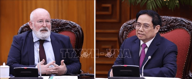 Thủ tướng Chính phủ Phạm Minh Chính tiếp xã giao Phó chủ tịch điều hành Ủy ban châu Âu Frans Timmermans