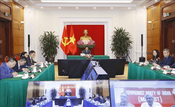 Thường trực Ban Bí thư Võ Văn Thưởng hội đàm trực tuyến với Tổng Bí thư Đảng Cộng sản Ấn Độ Mác-xít