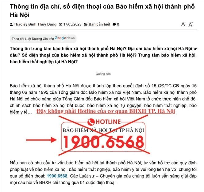 Cảnh báo giả mạo đường dây nóng của Bảo hiểm Xã hội thành phố Hà Nội