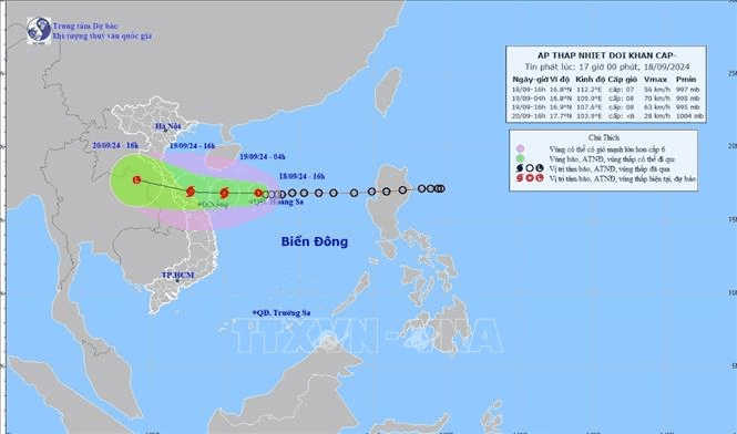 Thời tiết hôm nay (19-9): Áp thấp nhiệt đới đã mạnh lên thành bão số 4, cách Đà Nẵng 210km về phía Đông Bắc