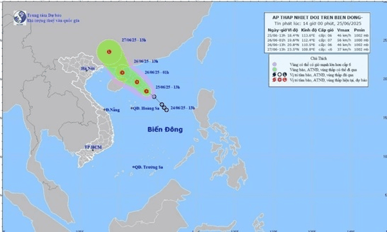Áp thấp nhiệt đới giảm cấp và khả năng suy yếu trong ngày 27-6