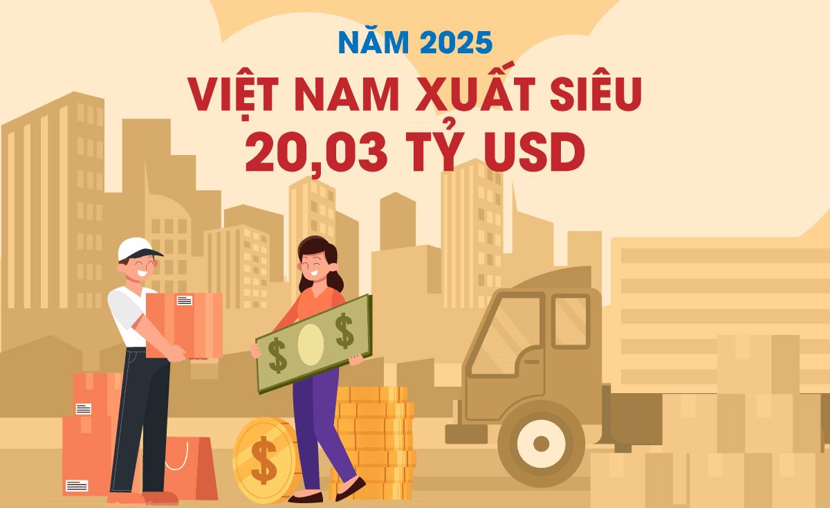 Năm 2025 Việt Nam xuất siêu 20,03 tỷ USD