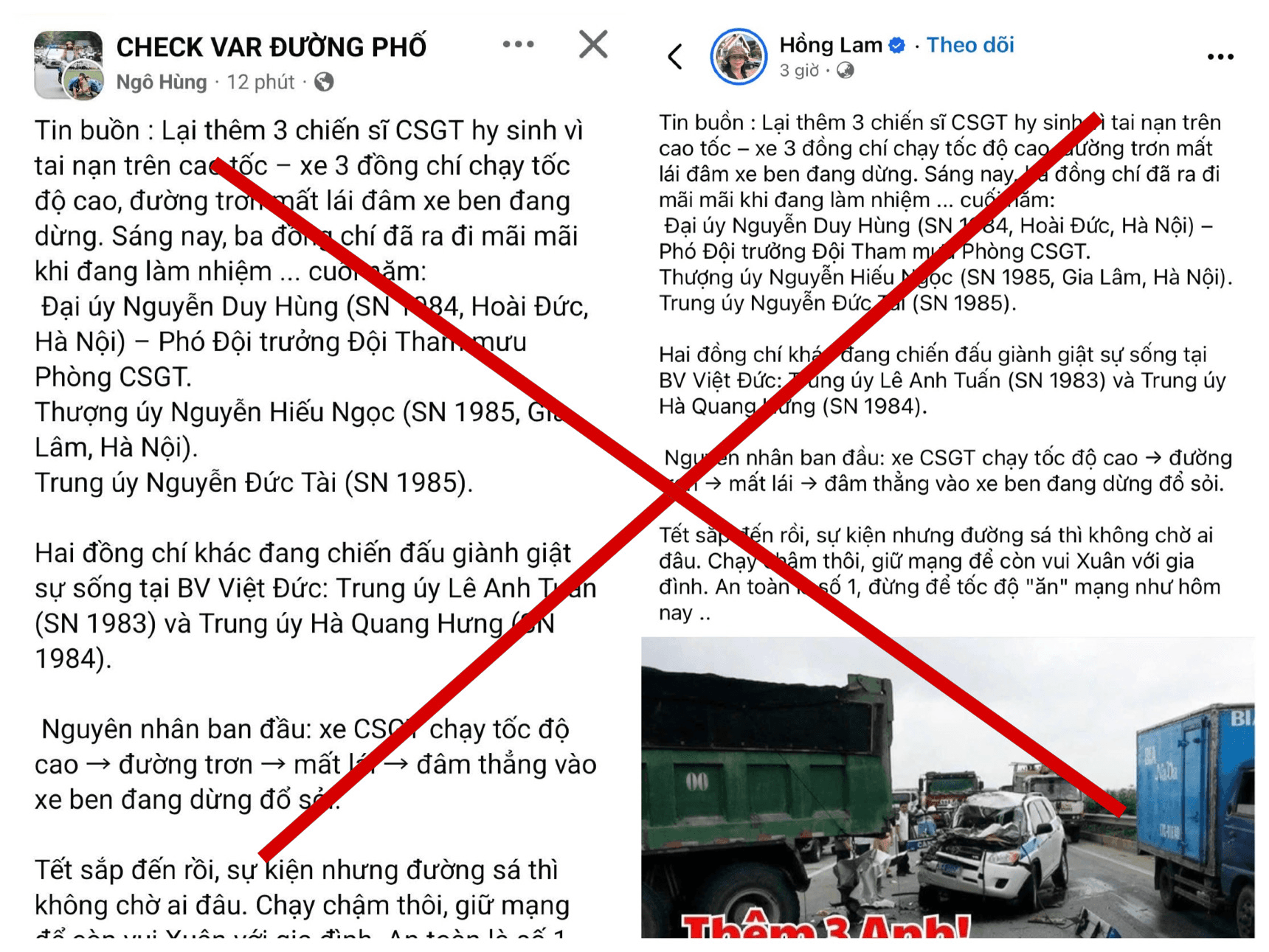 Bác bỏ thông tin "thêm 3 chiến sĩ cảnh sát giao thông hy sinh trên cao tốc"